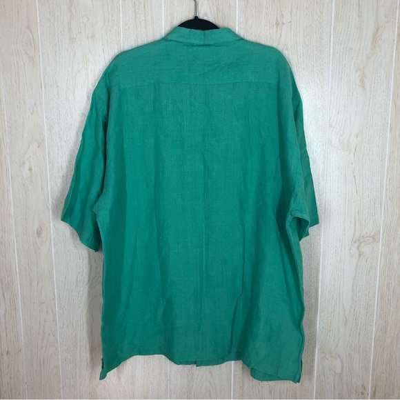 McKenzie Tribe Green Teal Linen Button Down Short Sleeve Shirt - Picture 2 of 7